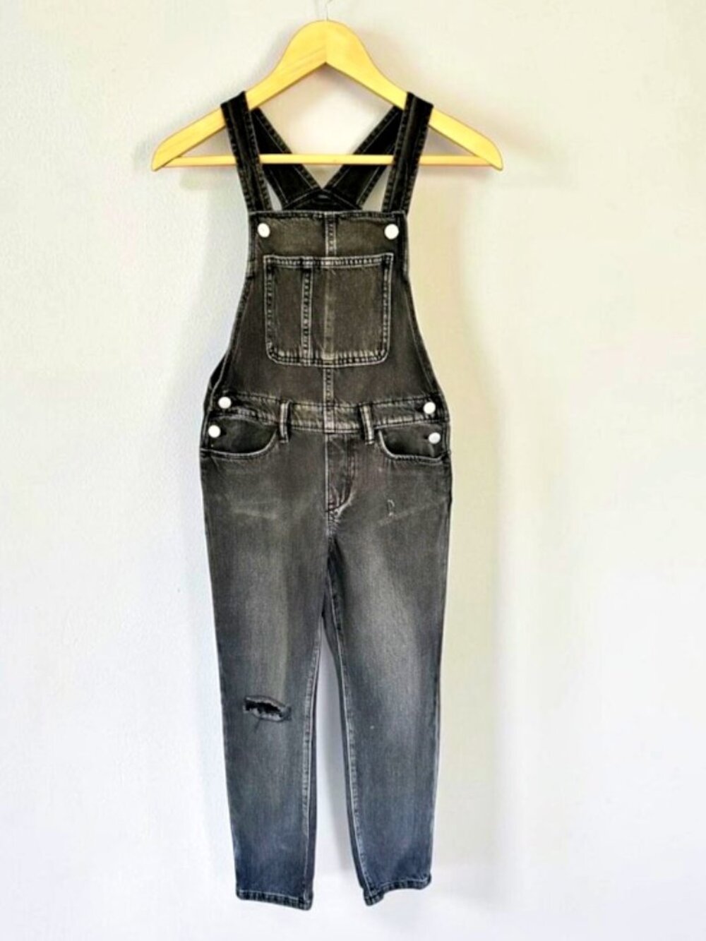 Old Navy Girls L 10-12 Black Denim Overalls Distressed Adjustable Straight Leg